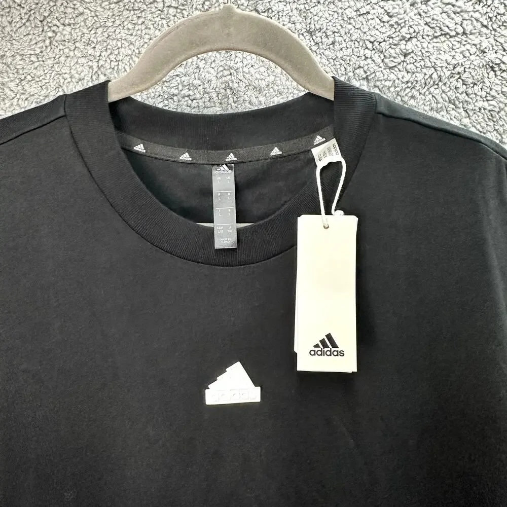 Adidas NWT Men's‎ Large Black Short Sleeve Shirt White Logo Stripes Long Active